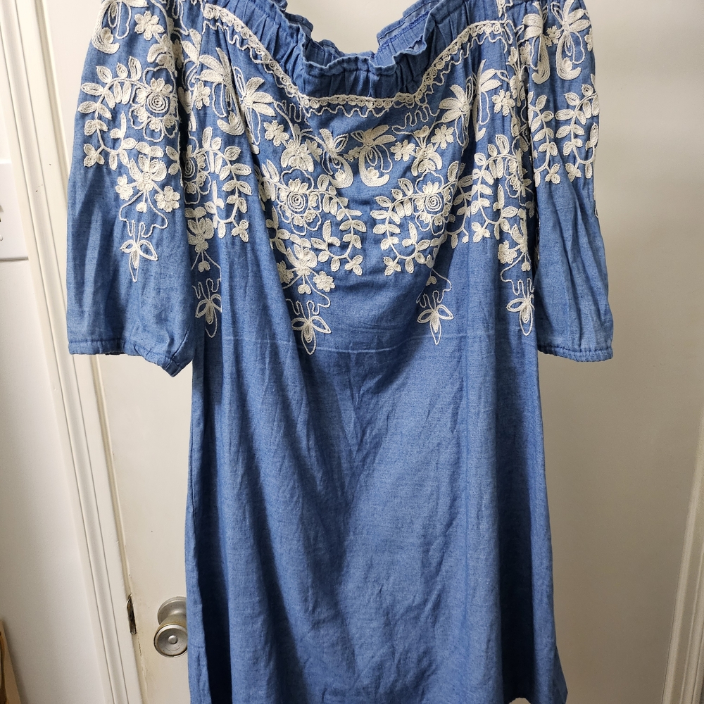 Blue Embroidered Off-Shoulder Dress